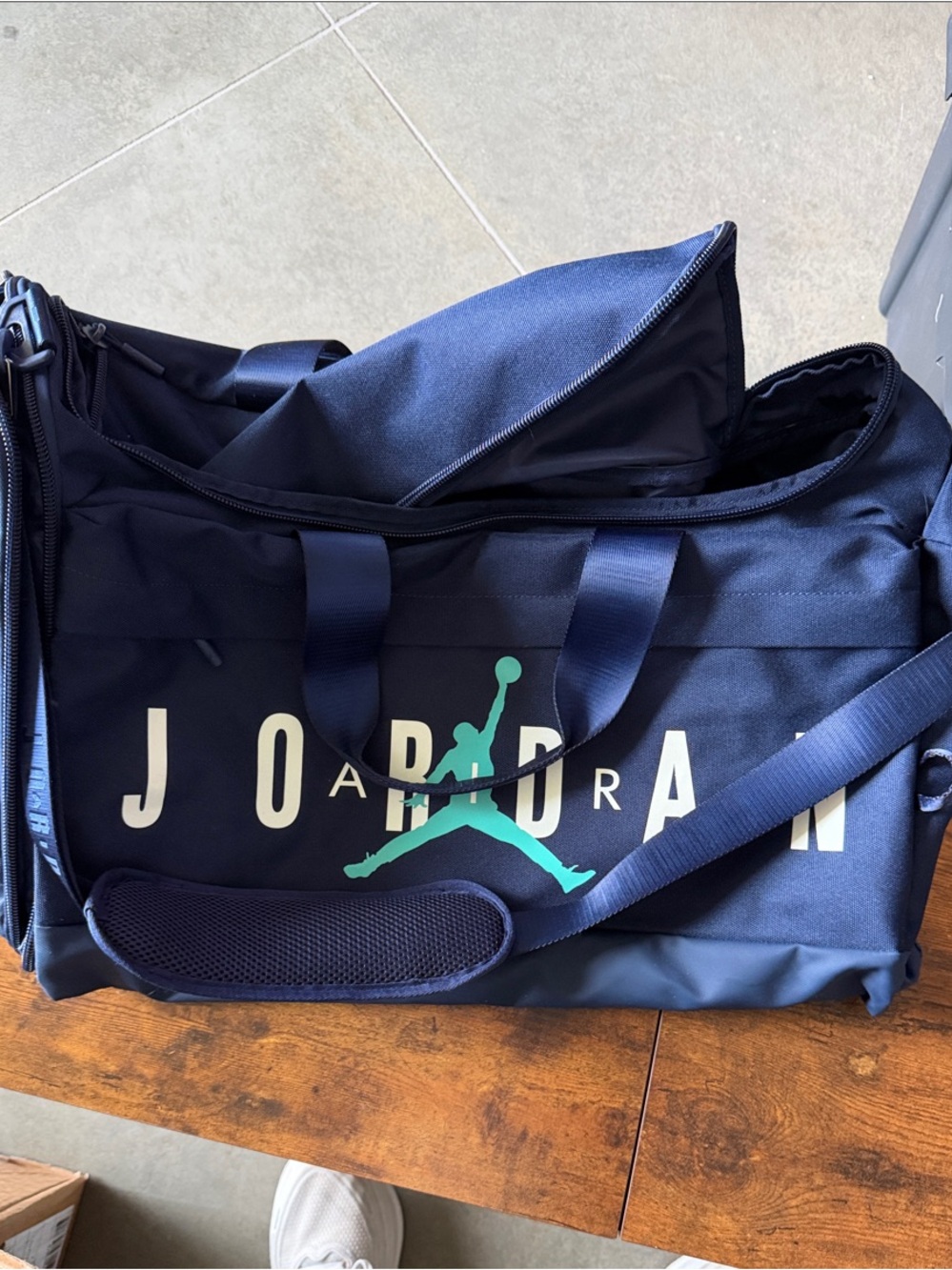 Jordan Navy Duffel with Teal Jumpman and White Lettering
